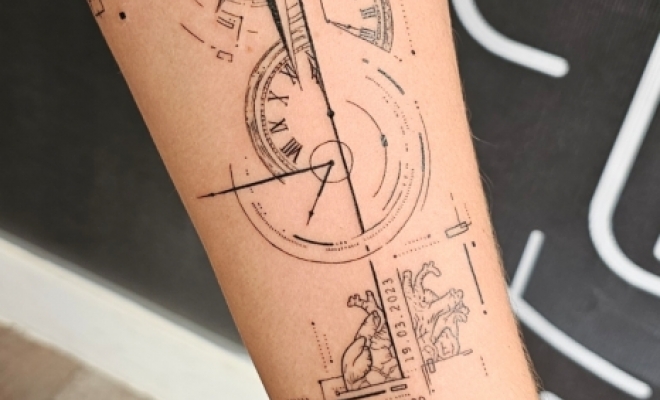 Tatouage d'horloge géométrique à Montpellier, Frontignan, Fine Line Tattoo